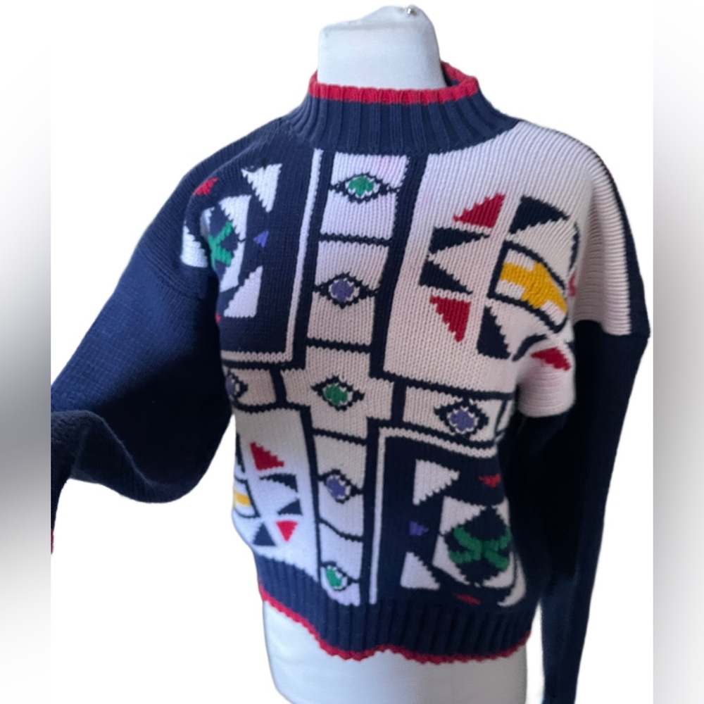 Womens 80s 90s Vintage Knit Sweater Abstract Clock Size Small Liz Wear Vtg